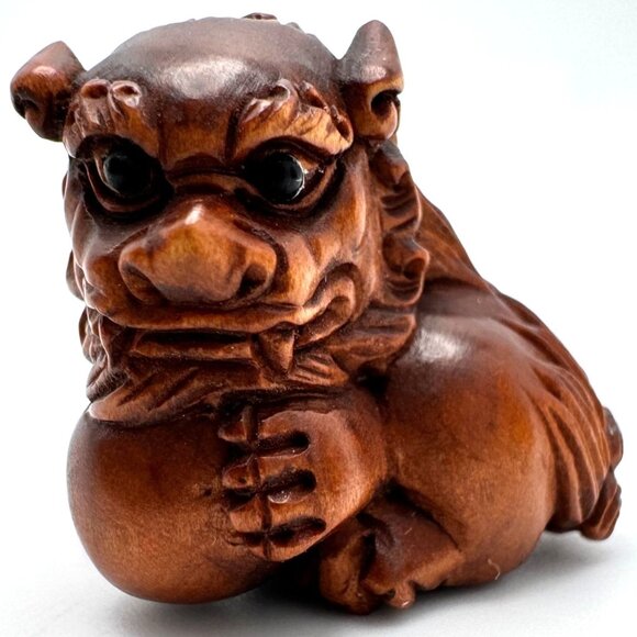 Ojime Netsuke 2 Foo Dog Lion Figurines Hand-Carved Boxwood Signed No Hole #3 - Picture 4 of 10